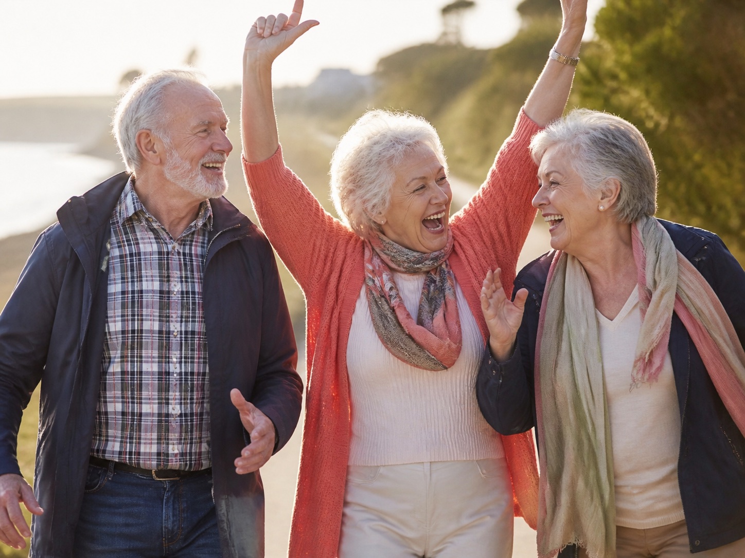 Three older adults laughing together