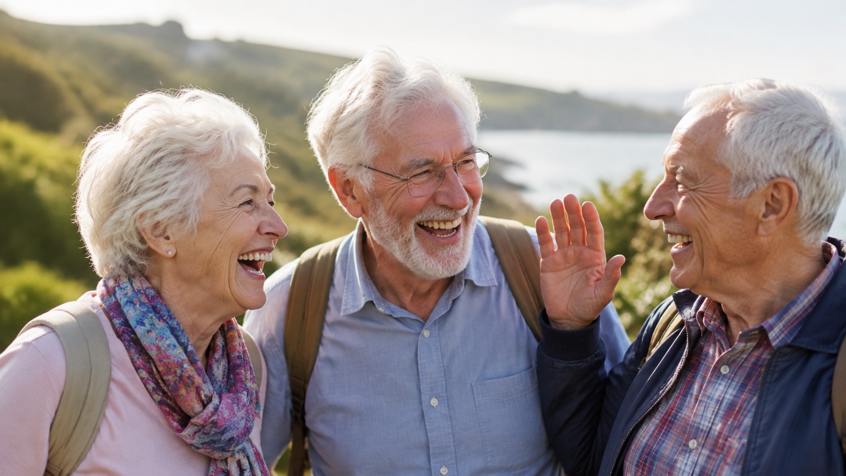 Three older friends laughing together outdoors, with one raising a hand in greeting