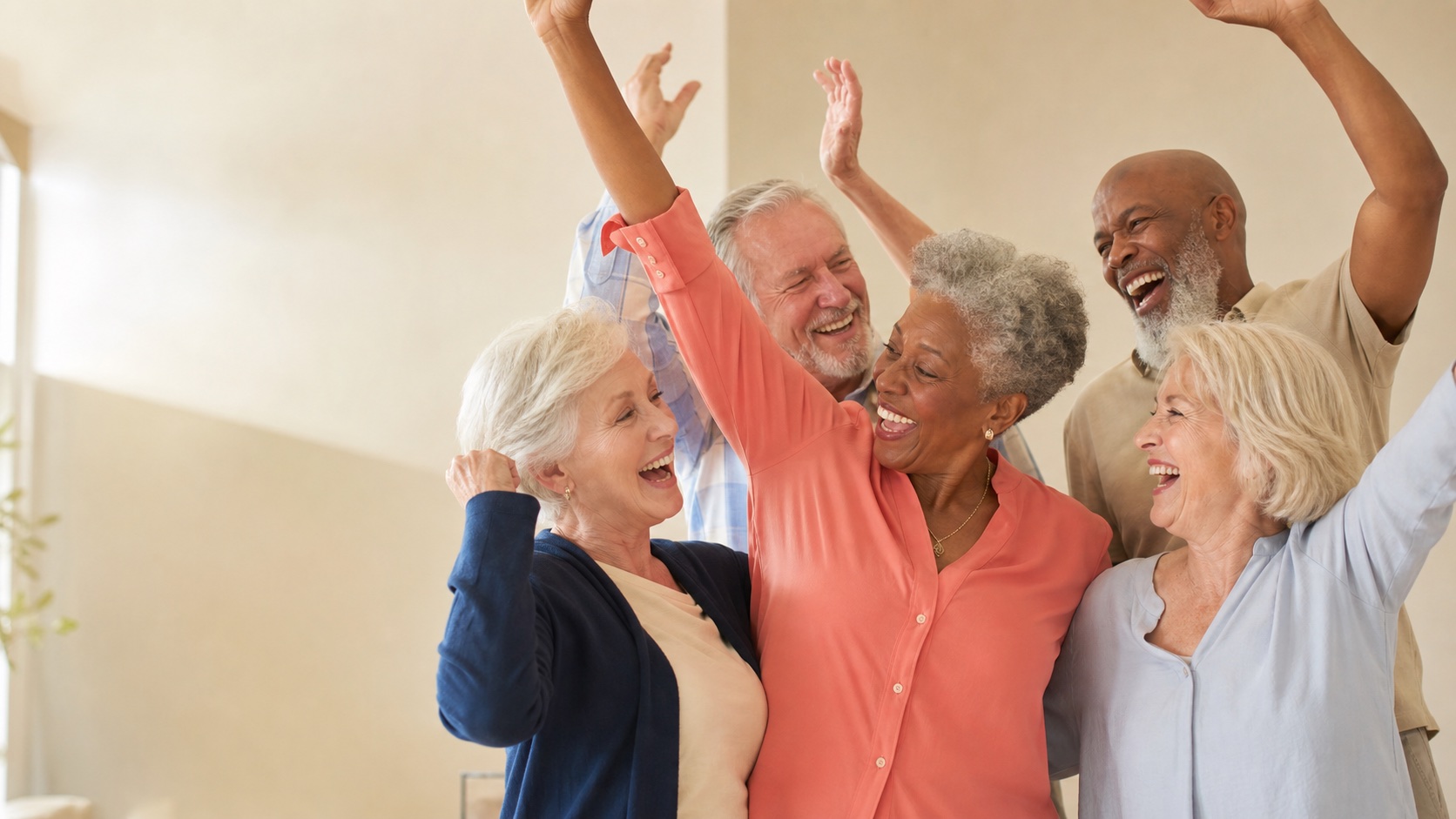 Older adults smiling and raising their arms together