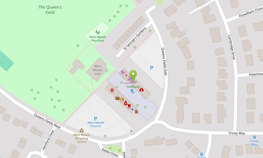 Street map showing Feel Good in The Precinct, West Meads, near Queen's Field